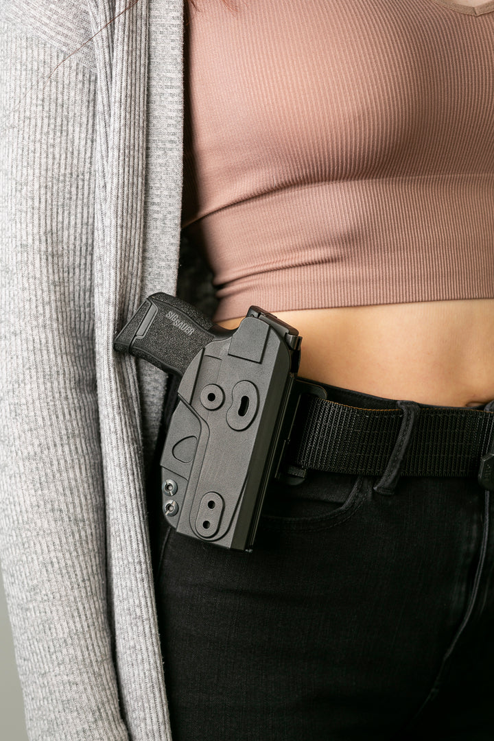 OWB, IWB Ambidextrous hip holster, concealed carry holster. Polymer holster for P365.  Sig Sauer P 365 Holster.  Tuckable holster P365.  Concealed carry holster P365  OWB